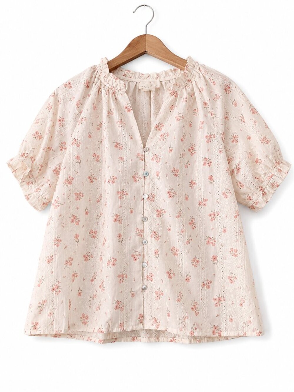 Easy Clothes Carine Ecru Pink Floral Eyelet Button Front Blouse Size S/M